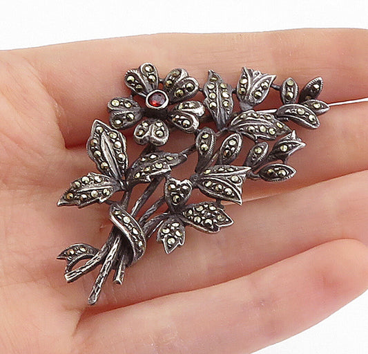 925 Sterling Silver Vintage Red Topaz & Marcasite Flower Bunch Brooch Pin BP2713