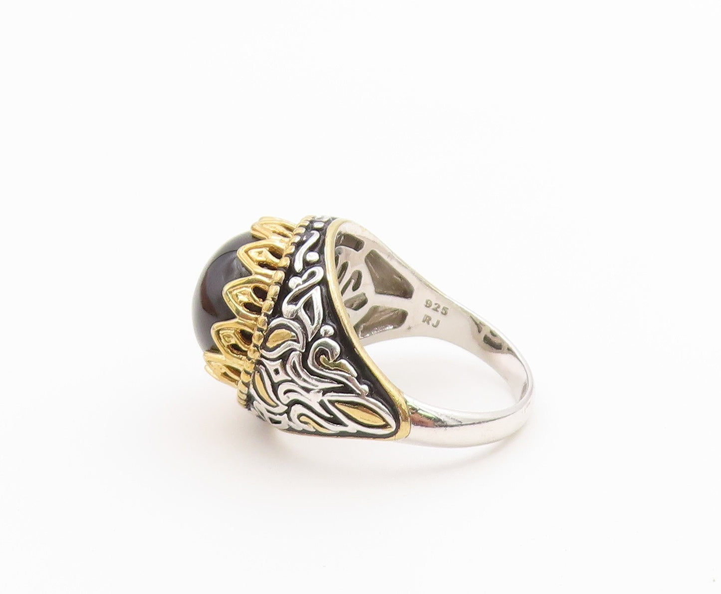 925 Sterling Silver Vintage Ring Two Tone Onyx Statement Band  Sz 7  RG36727