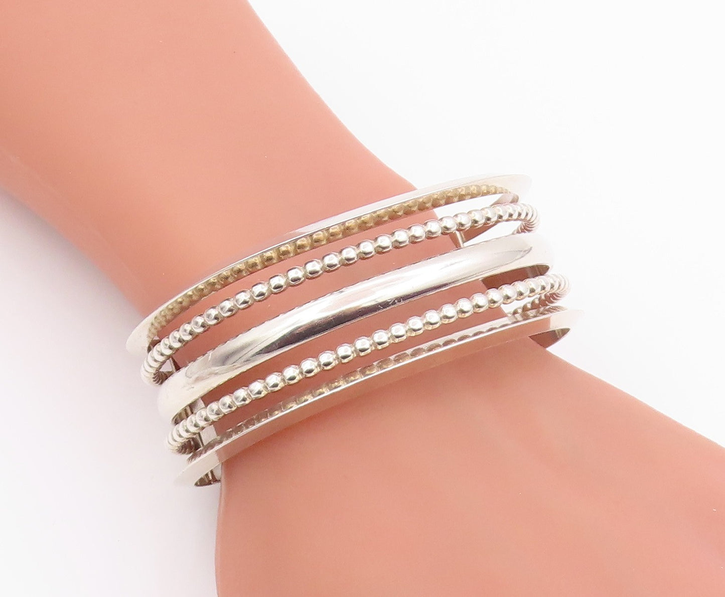 925 Sterling Silver Vintage Bracelet Modernist Multi Row Beaded Cuff  BT11943