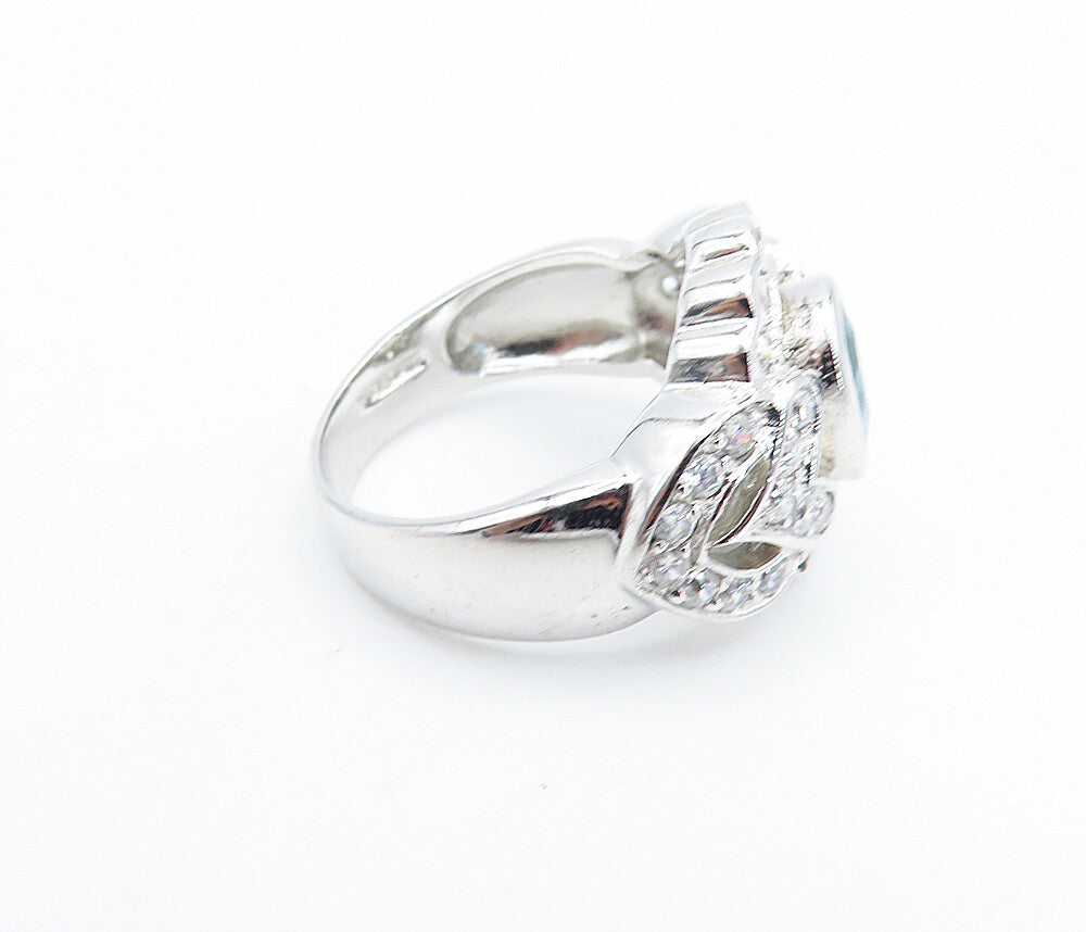 925 Sterling Silver  Blue & White Topaz Love Heart Cocktail Ring Sz 7  RG6062