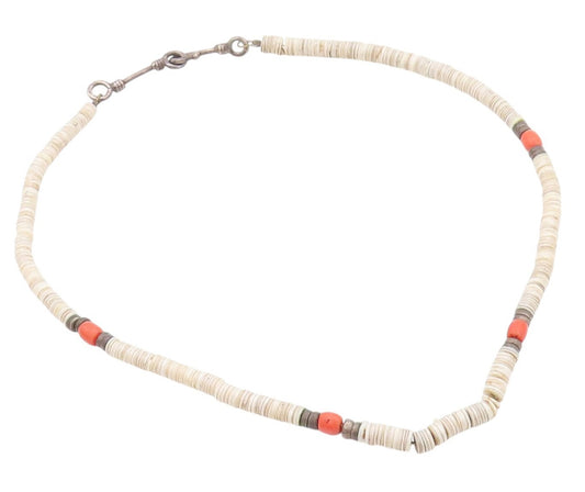 925 Sterling Silver Vintage Necklace SOUTHWESTERN Heishi Bead Red Coral NE4553