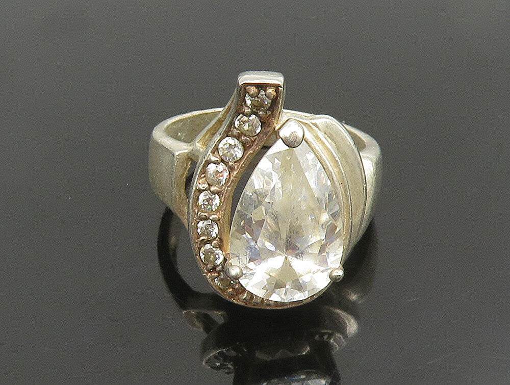 925 Silver  Vintage Pear Shaped Cubic Zirconia Half Halo Ring Sz 7.5  RG25165