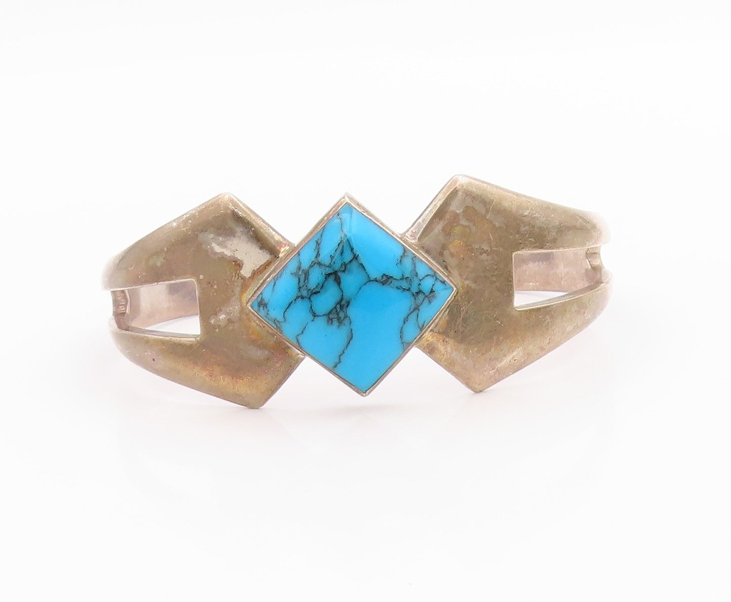 925 Sterling Silver Vintage Bracelet MEXICO Designer Square Turquoise BT11325