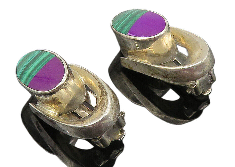 925 Sterling Silver  Vintage Malachite & Sugilite Non Pierce Earrings  EG5833