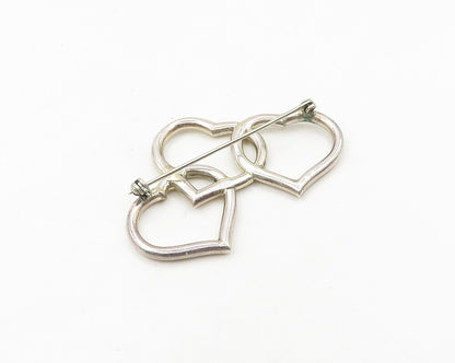 925 Sterling Silver  Vintage Shiny Polished Open Love Hearts Brooch Pin BP7535