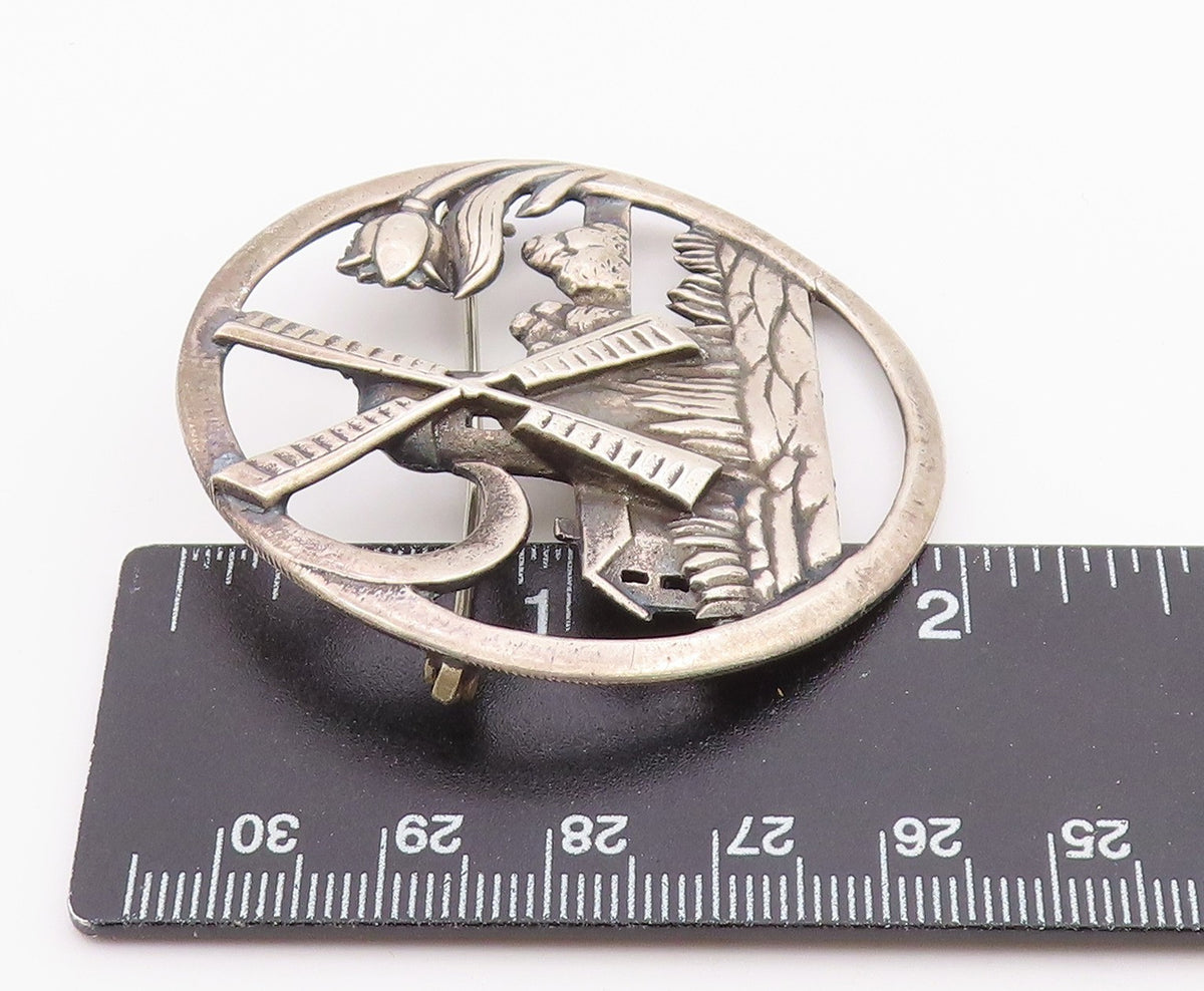 925 Sterling Silver  Vintage Windmill Floral Scene Round Brooch Pin  BP3640