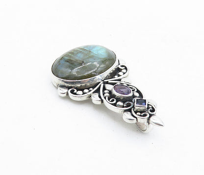 925 Sterling Silver  Vintage Labradorite Amethyst & Tanzanite Pendant  PT3964