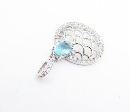 925 Sterling Silver  Blue & White Topaz Shiny Open Design Drop Pendant  PT5220