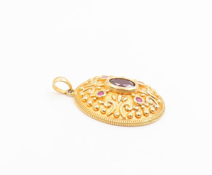 925 Sterling Silver Vintage Pendant Gold Plated Garnet & Ruby Medallion  PT26216