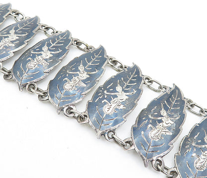 SIAM 925 Sterling Silver  Vintage Niello Dancer Floral Chain Bracelet  BT2183