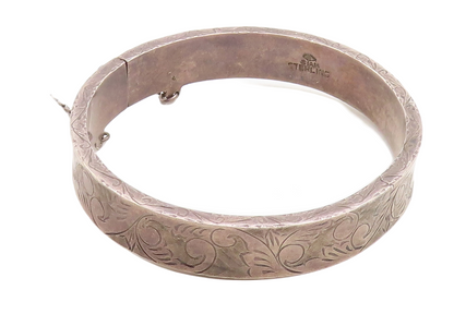 SIAM 925 Silver  Vintage Swirl Floral Vine Etched Bangle Bracelet  BT1504