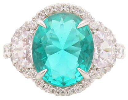 925 Sterling Silver Vintage Ring Oval Sea Green White & CZ Inlay  Sz 7  RG30369