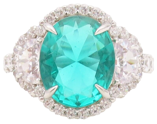 925 Sterling Silver Vintage Ring Oval Sea Green White & CZ Inlay  Sz 7  RG30369