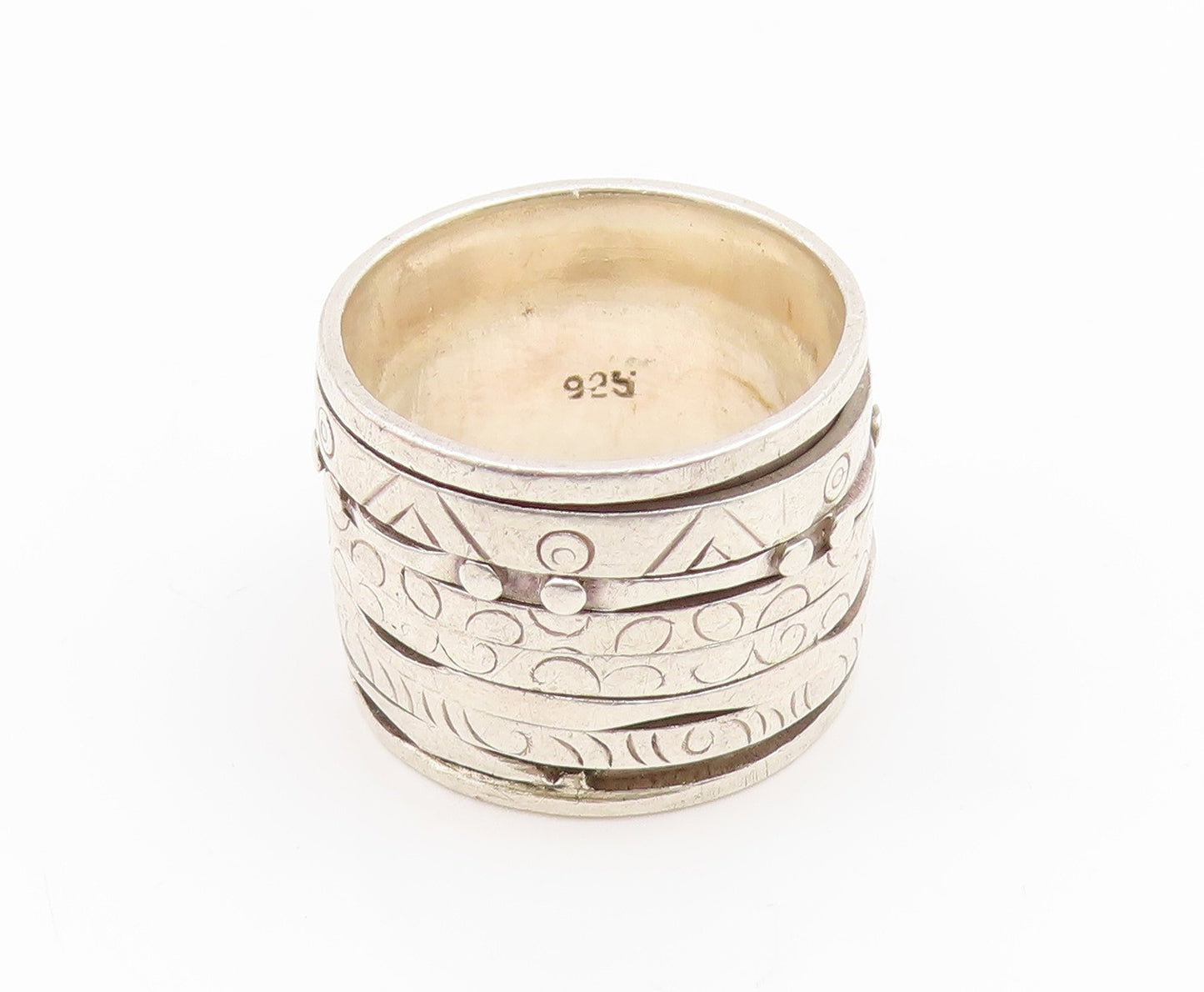 925 Sterling Silver Vintage Ring Etched Meditation Spinner Band  Sz 7.5  RG35109