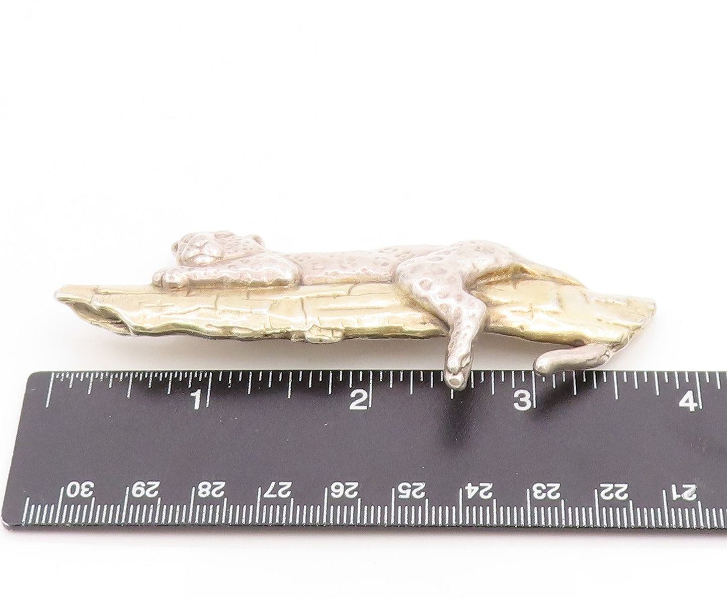 925 Sterling Silver Vintage Brooch Pin Two Tone Leopard On Tree Branch  BP12270