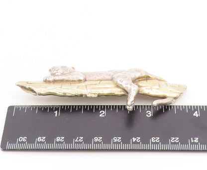925 Sterling Silver Vintage Brooch Pin Two Tone Leopard On Tree Branch  BP12270