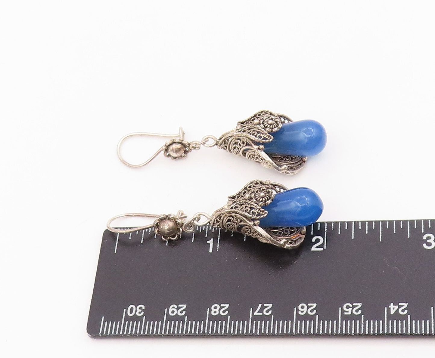 925 Sterling Silver Vintage Earrings Blue Beaded Bohemian Floral Dangle  EG13909