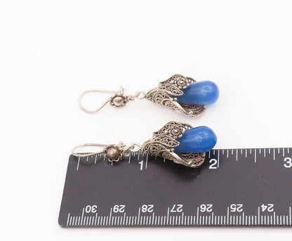 925 Sterling Silver Vintage Earrings Blue Beaded Bohemian Floral Dangle  EG13909