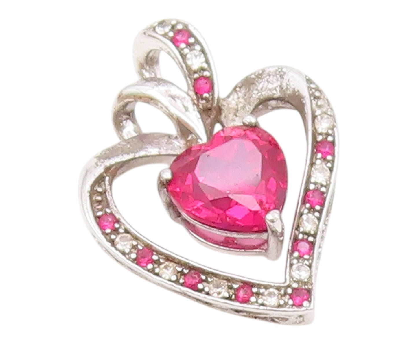 925 Sterling Silver  Vintage Pink & White Topaz Love Heart Pendant  PT16545