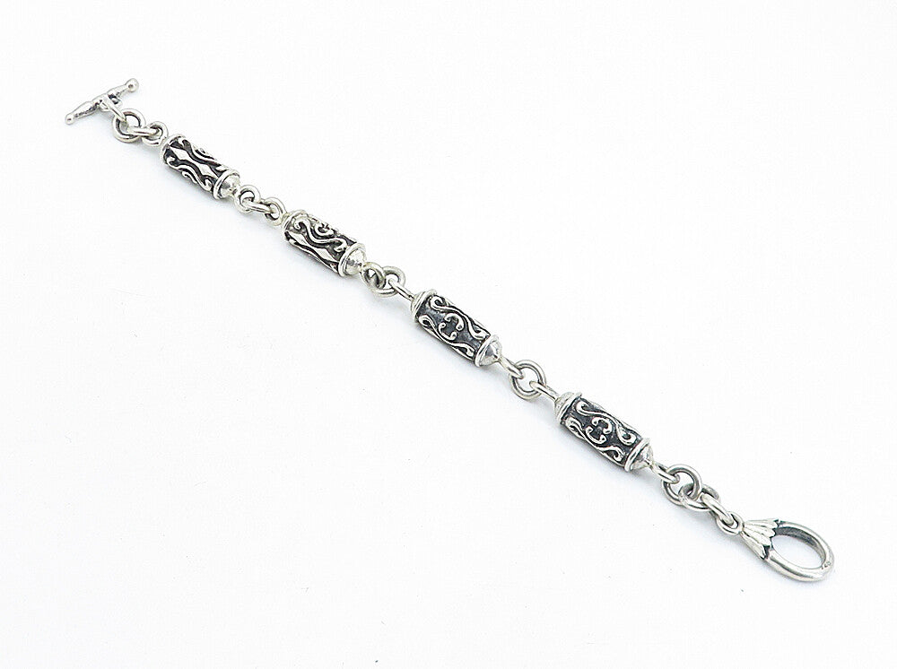 925 Sterling Silver  Vintage Swirl Detailed Bar Link Chain Bracelet  BT1979