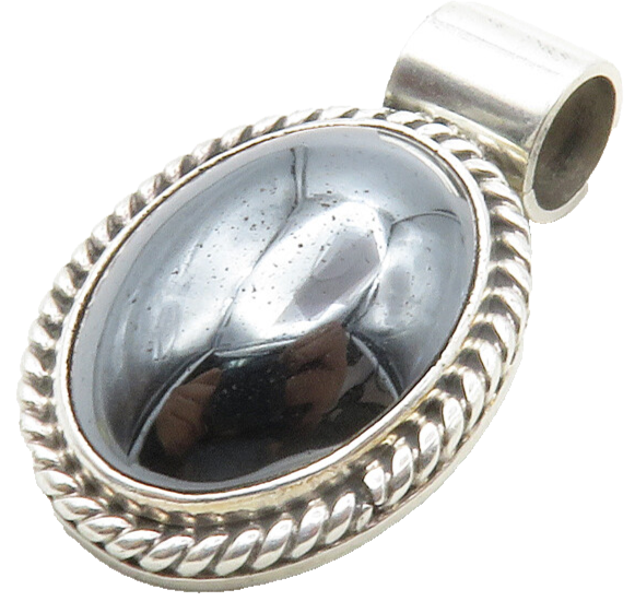 MEXICO 925 Silver  Vintage Cabochon Cut Hematite Shiny Twist Pendant  PT10451