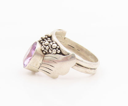 925 Sterling Silver Vintage Ring Oval Cut Amethyst Leaf Motif Band Sz 5 RG35354
