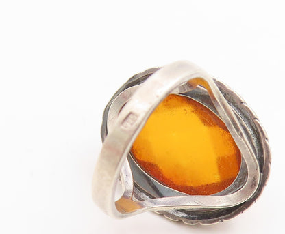 925 Sterling Silver Vintage Ring POLAND Faceted Amber Rope Border  Sz 6  RG34771