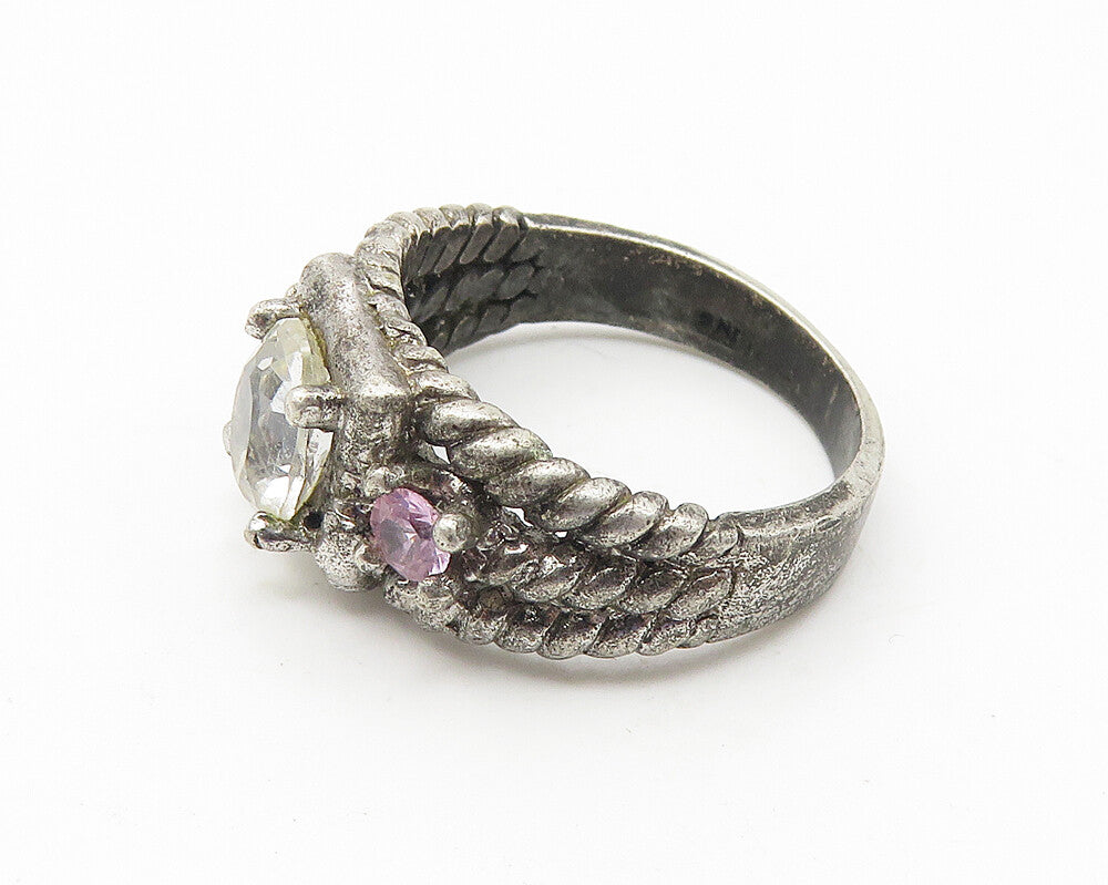 925 Sterling Silver  Vintage Prong Set Topaz Twist Band Ring Sz 5  RG10678