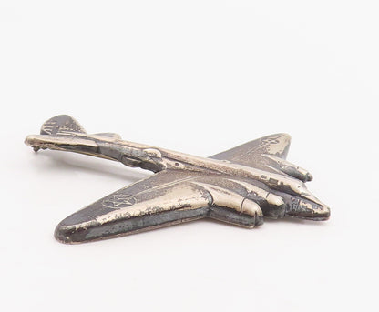 925 Sterling Silver Vintage Brooch Pin Carved Military Bomber Aircraft  BP12329