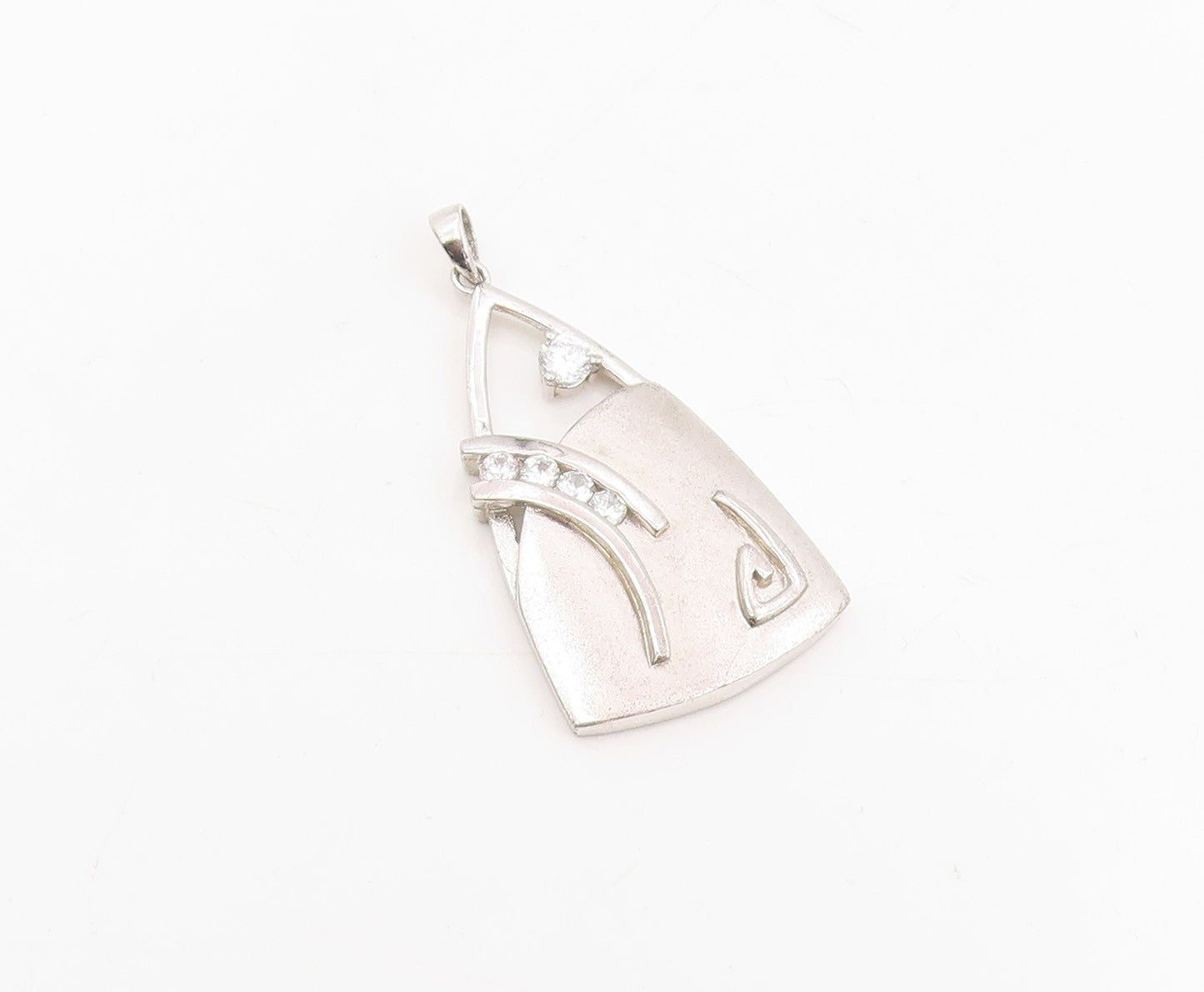 925 Sterling Silver Vintage Pendant Round CZ Modernist Geometric Curve  PT25701