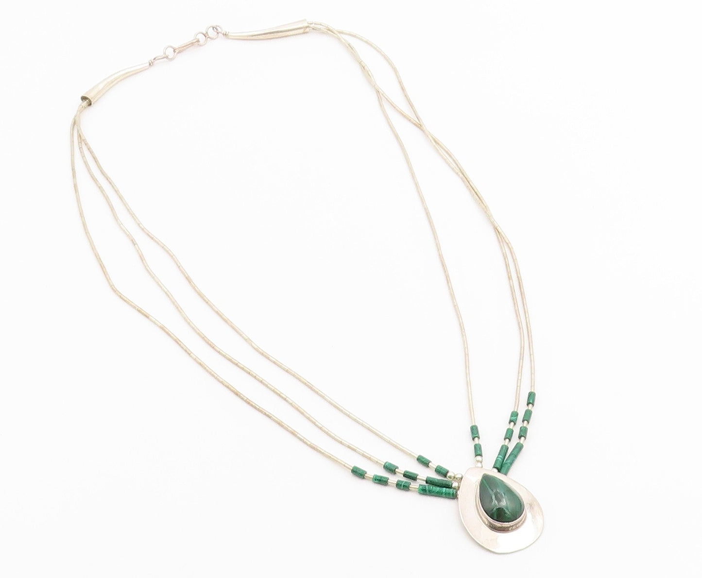 925 Sterling Silver Vintage Necklace NAVAJO ZUNI Malachite Teardrop Chain NE4904