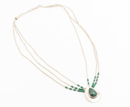 925 Sterling Silver Vintage Necklace NAVAJO ZUNI Malachite Teardrop Chain NE4904