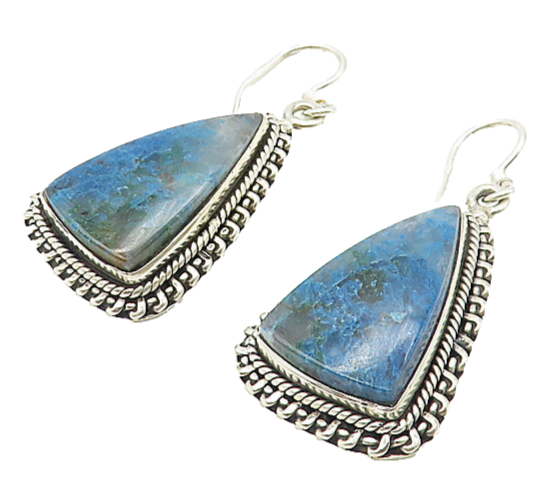 925 Sterling Silver  Vintage Blue Agate Triangle Twist Dangle Earrings  EG3911