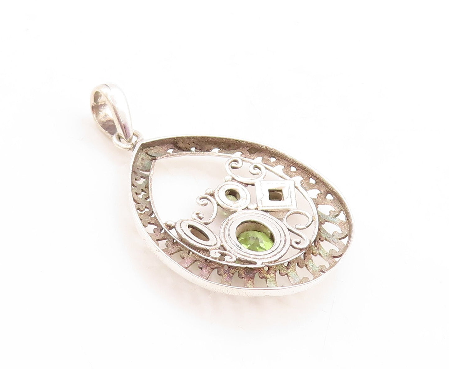 925 Sterling Silver Vintage Pendant Designer Swirly Cutout Peridot  PT23759