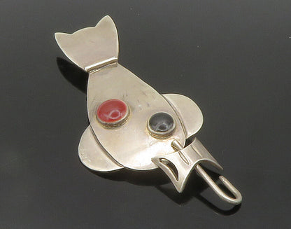 MEXICO 925 Sterling Silver  Vintage Carnelian & Onyx Cat Brooch Pin  BP5758