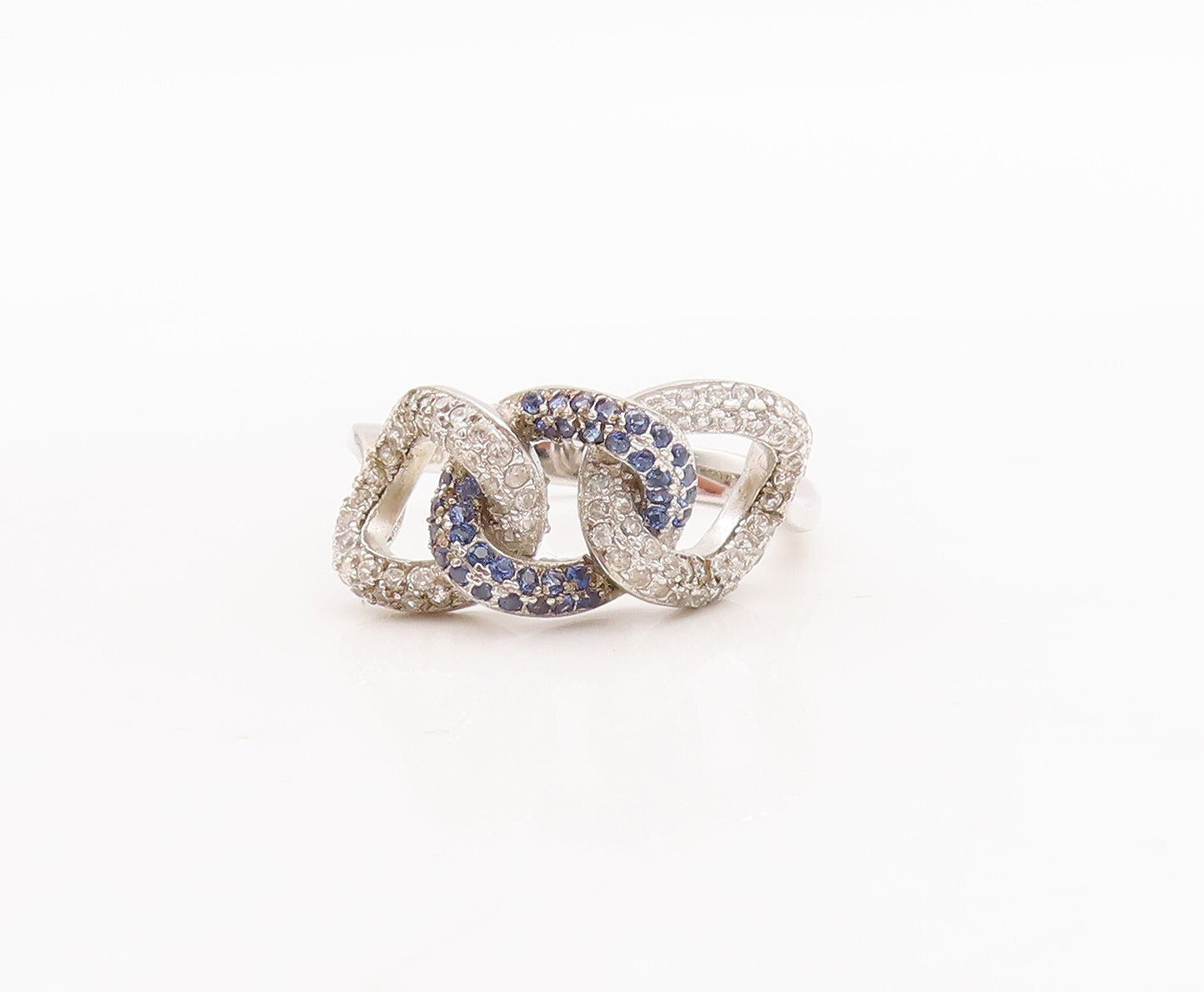 925 Sterling Silver Vintage Ring 2 Tone Sapphire Inlay Linked Rings Sz 7 RG29365