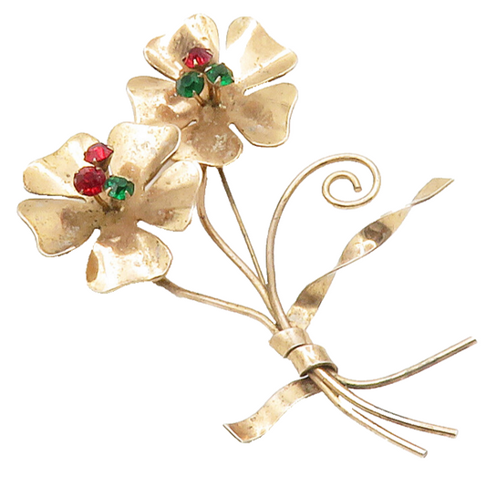 CORO 925 Sterling Silver  Vintage Green & Red Topaz Flowers Brooch Pin  BP5876