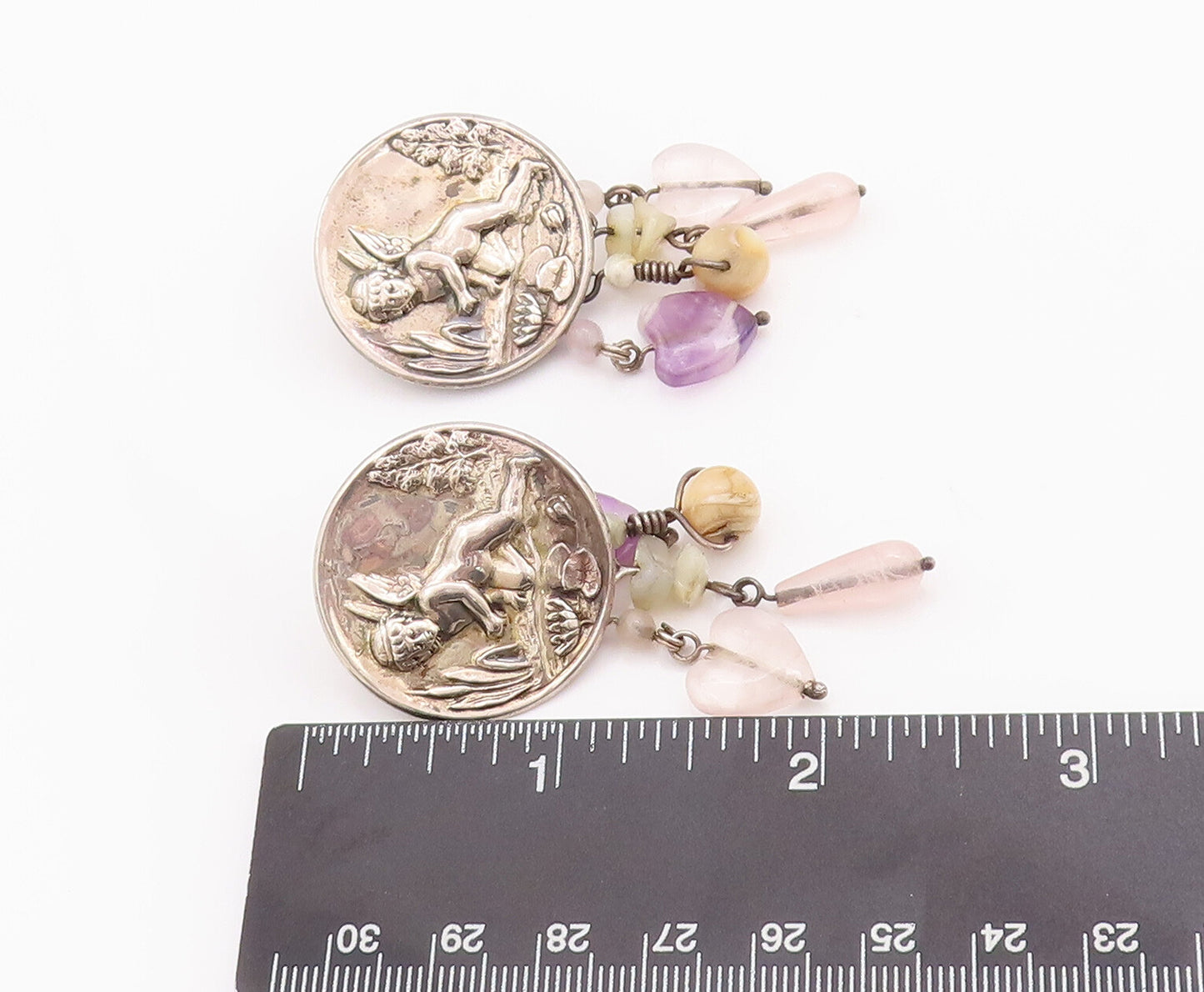 925 Sterling Silver Vintage Earrings FMW Flying Angle Dangling Gemstones EG12979