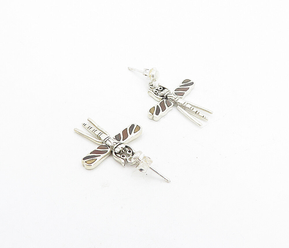 925 Sterling Silver  Vintage Inlaid Jasper Dragonfly Drop Earrings  EG3370