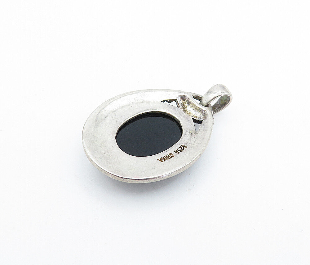 925 Sterling Silver  Vintage Cabochon Cut Black Onyx Twist Pendant  PT2565