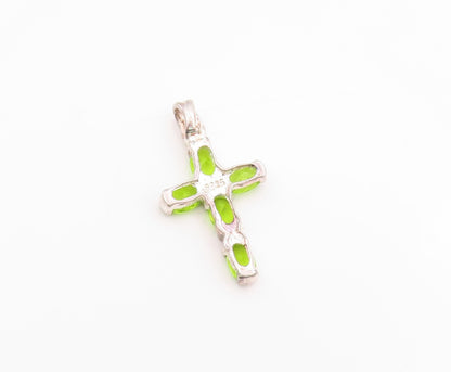 925 Sterling Silver Vintage Pendant Green Peridot Religious Cross Charm  PT24864