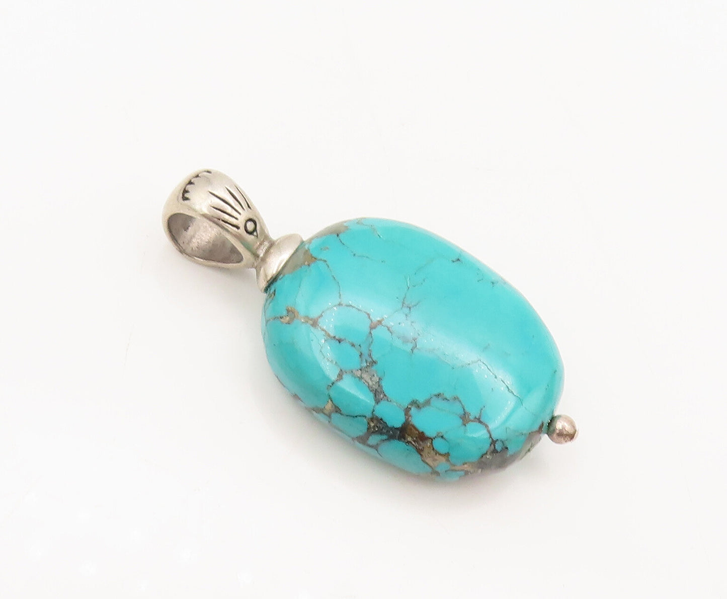 925 Sterling Silver  Vintage Solid Oval Turquoise Drop Etched Pendant  PT22357