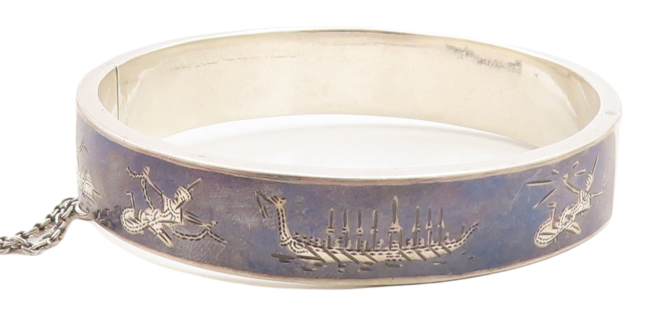 SIAM 925 Silver  Vintage Black Enamel Niello Dancer Bangle Bracelet  BT1536