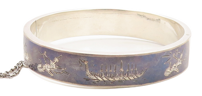 SIAM 925 Silver  Vintage Black Enamel Niello Dancer Bangle Bracelet  BT1536