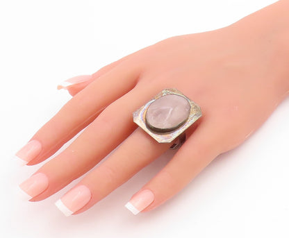 925 Sterling Silver Vintage Ring Large Cabochon Rose Quartz Band Sz 11.5 RG33812