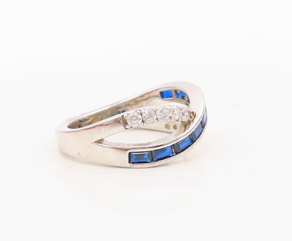 925 Sterling Silver Vintage Ring Rectangle Sapphire & CZ X Band  Sz 7  RG30417