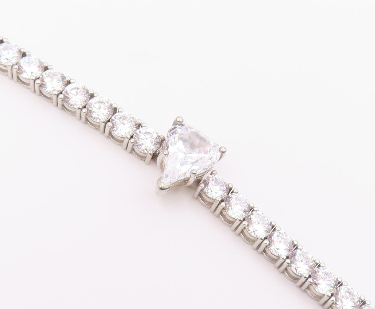 925 Sterling Silver Vintage Bracelet Heart Cut CZ Main Stone & CZ Band  BT10203