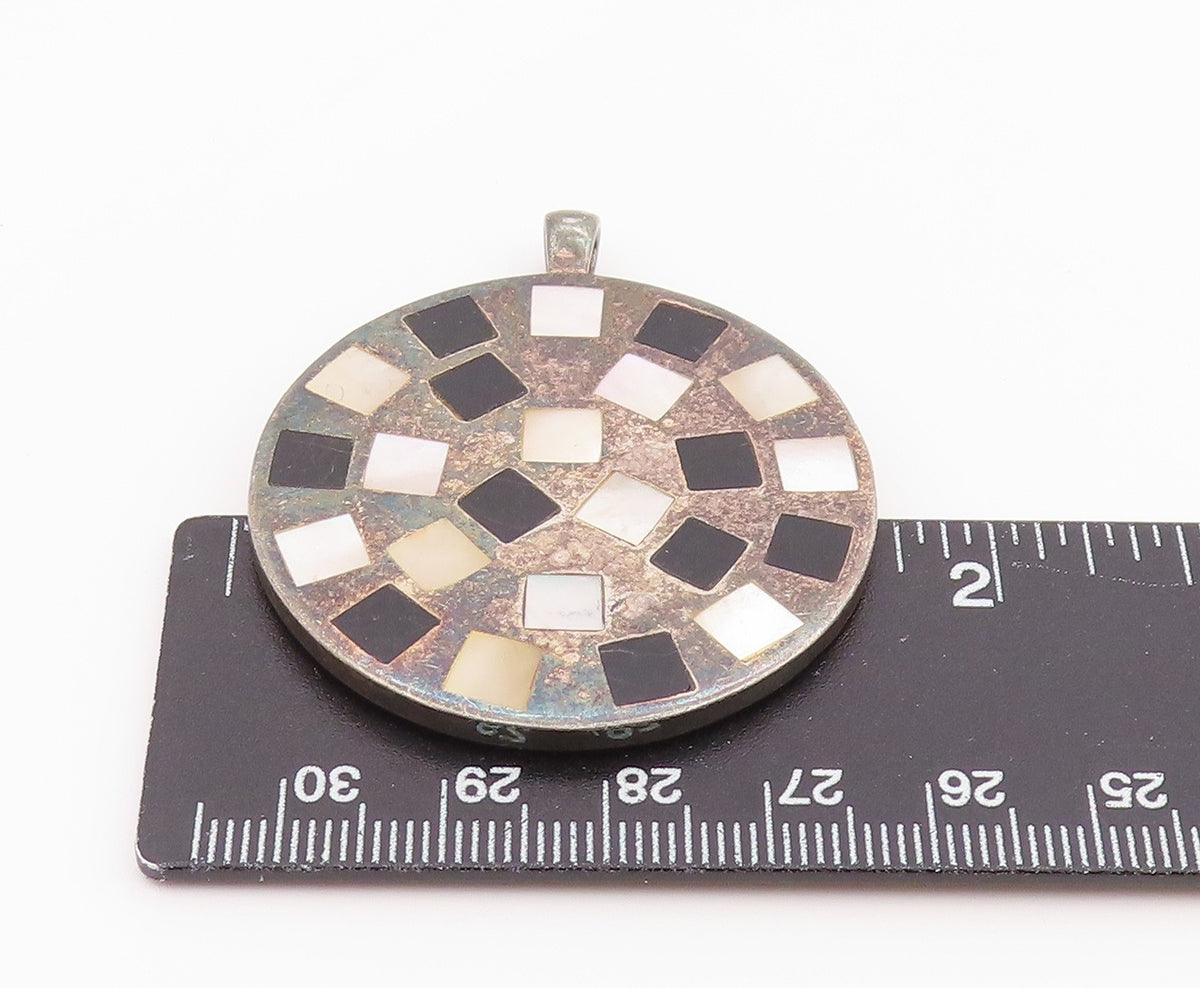 925 Sterling Silver Vintage Pendant Mother Of Pearl & Onyx Inlay Circle  PT26374