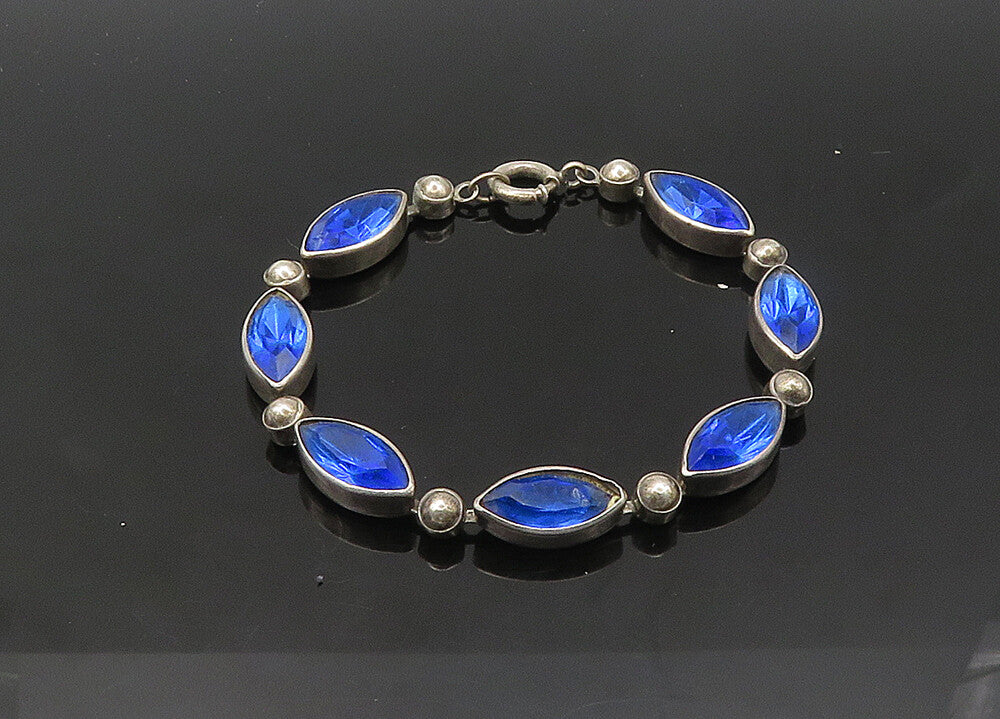 925 Sterling Silver  Vintage Marquise Cut Blue Stone Chain Bracelet  BT8478