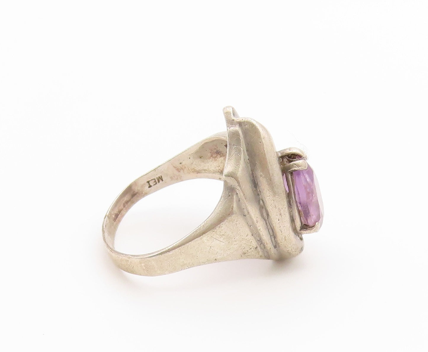 925 Sterling Silver Vintage Ring Pear Cut Amethyst Ribbed Band  Sz 10  RG36705